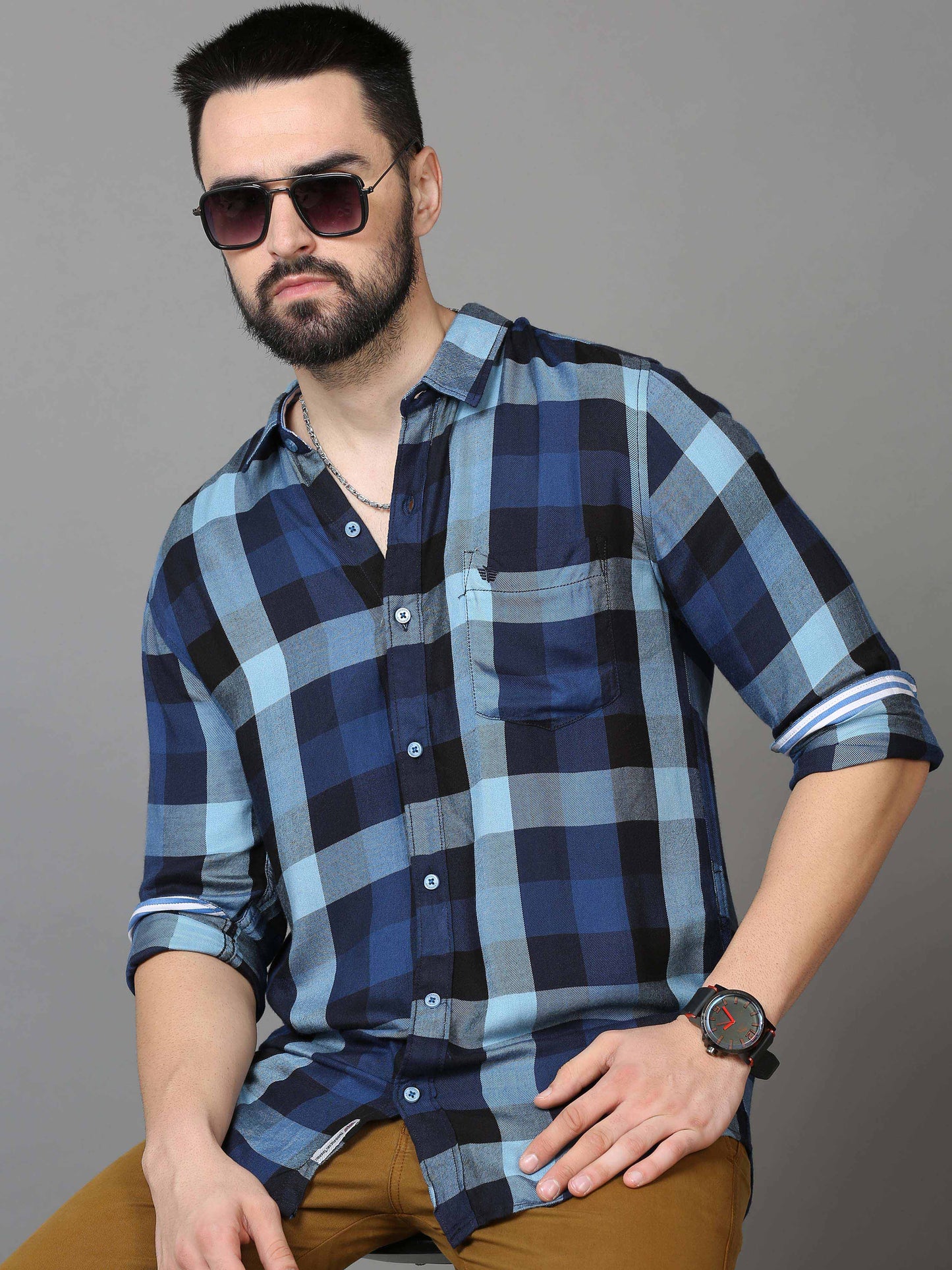 Blue & White Check Shirt for Men 