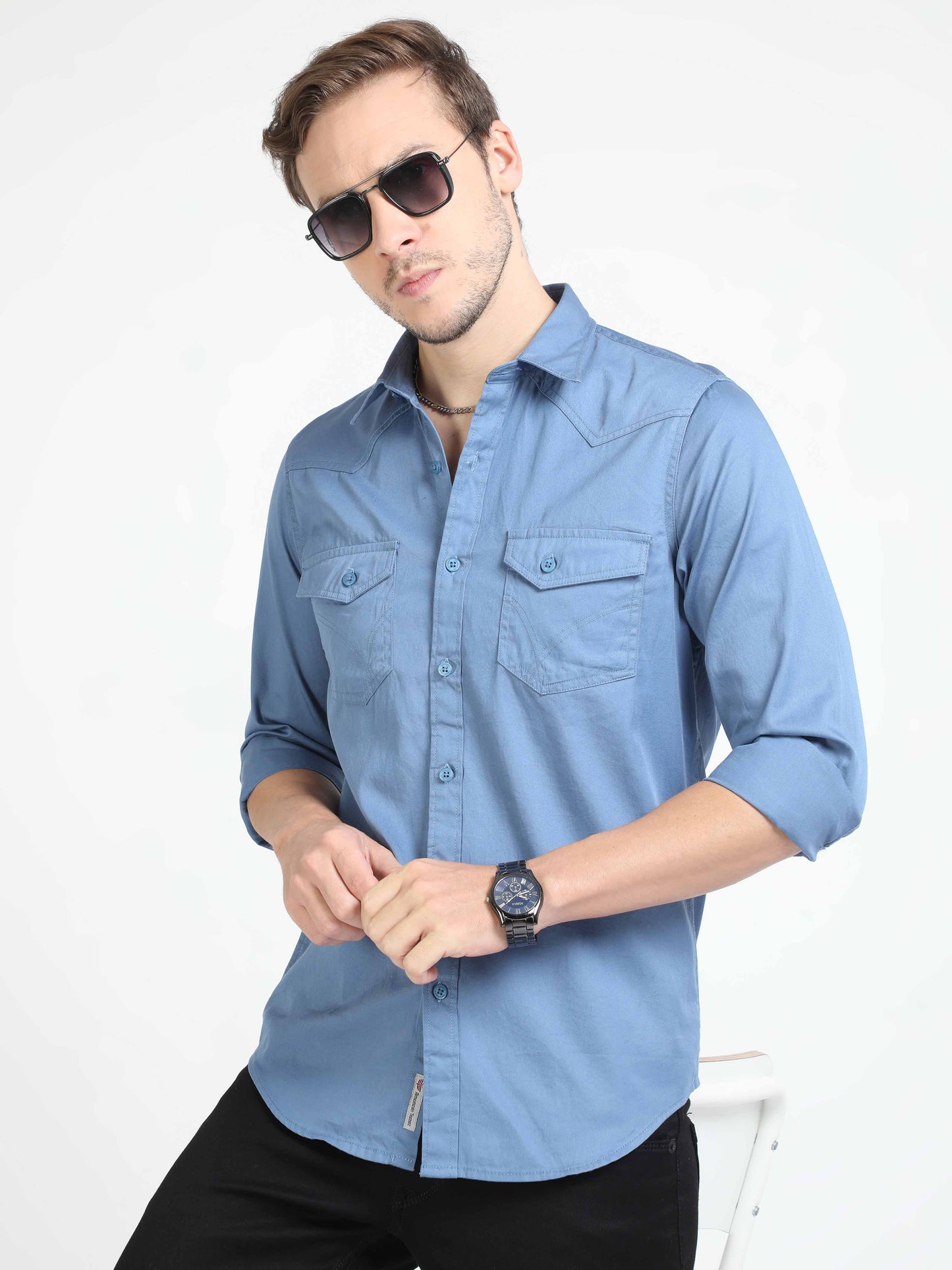 Pale Blue Double Pocket Shirt for Men