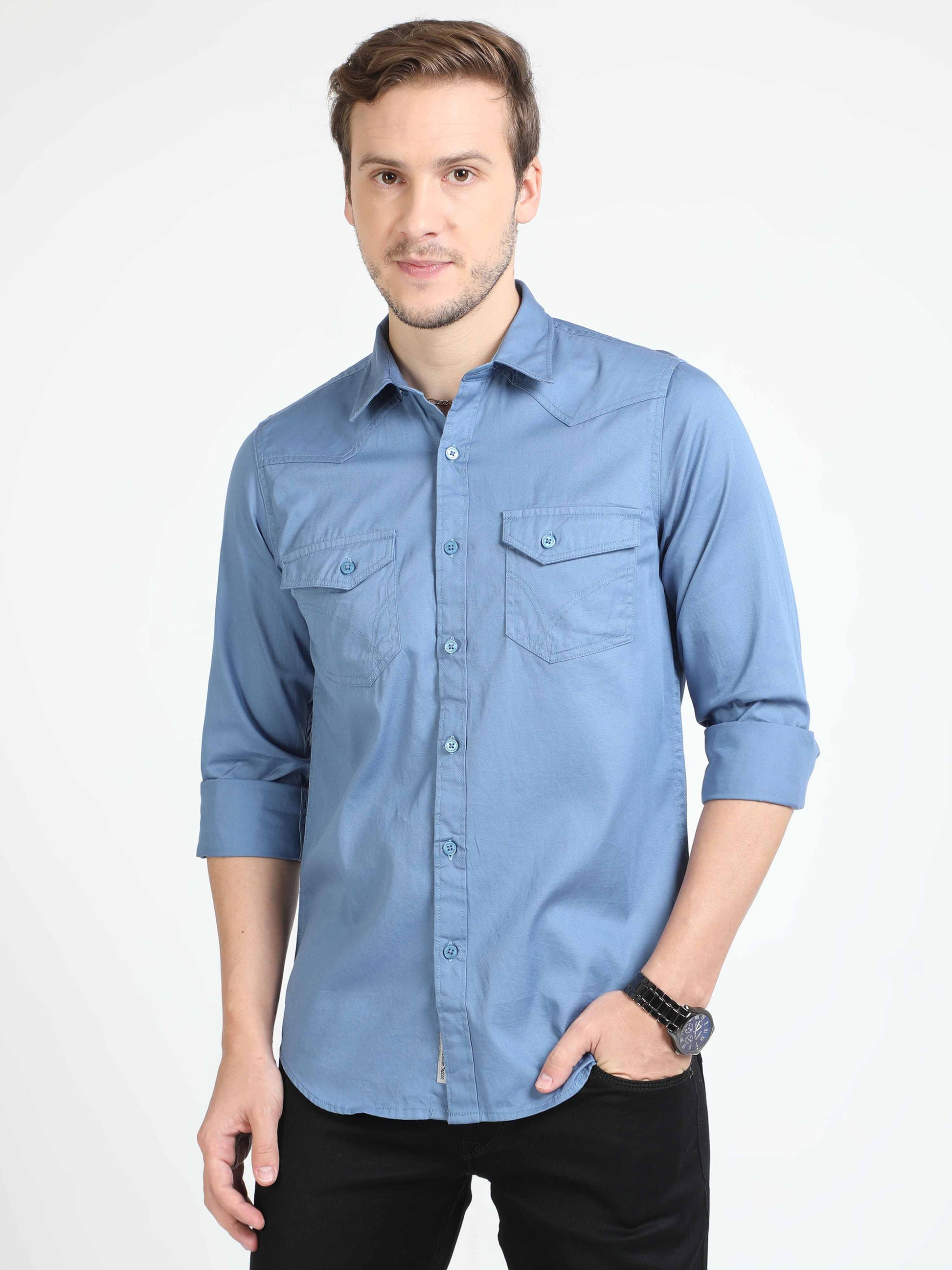 Pale Blue Double Pocket Shirt for Men