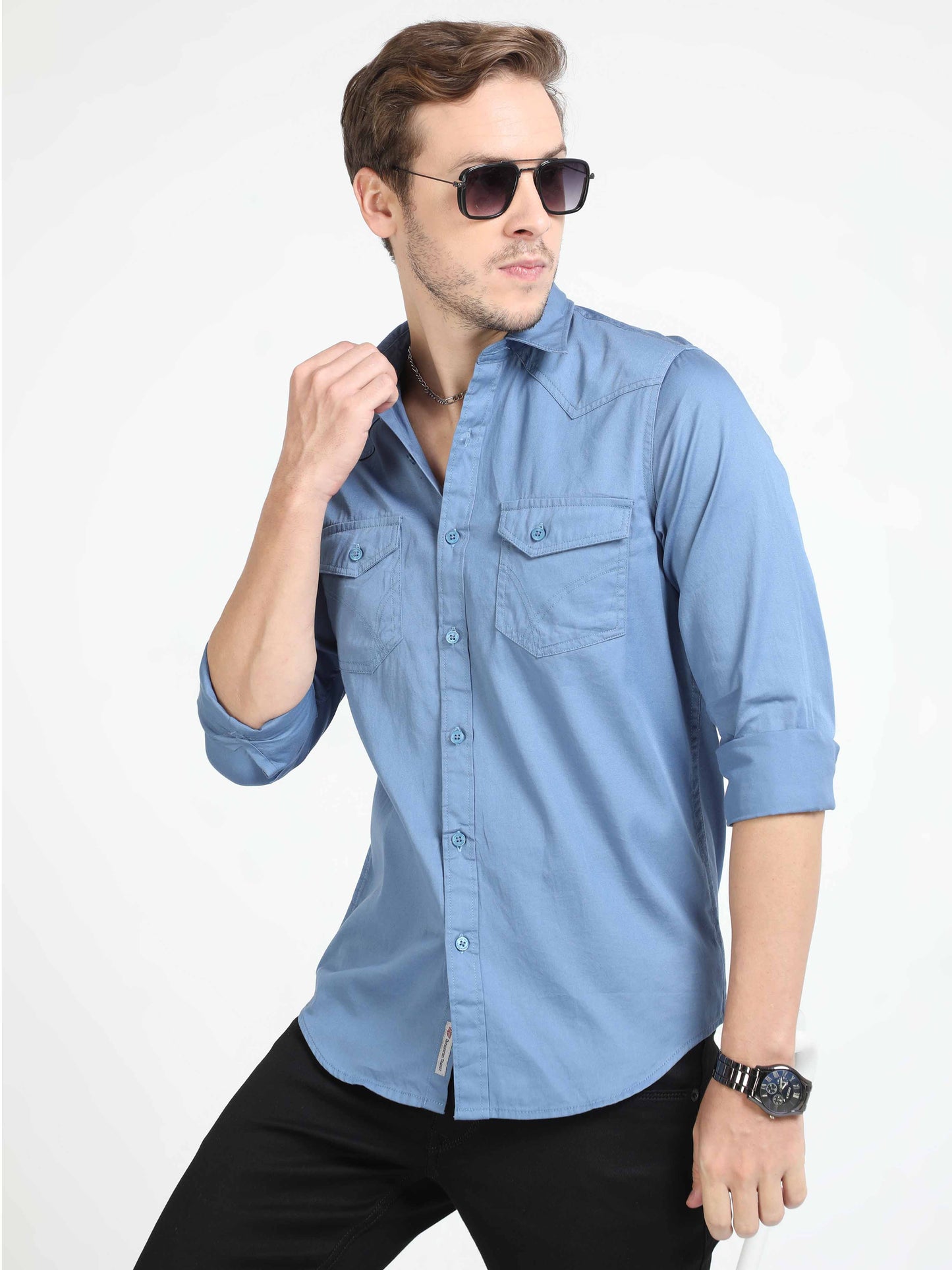 Pale Blue Double Pocket Shirt for Men